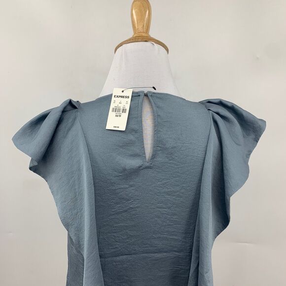 Express Top Women XS Extra Small Slate Satin Keyhole Back Flutter Sleeve Ruffle - Picture 7 of 12